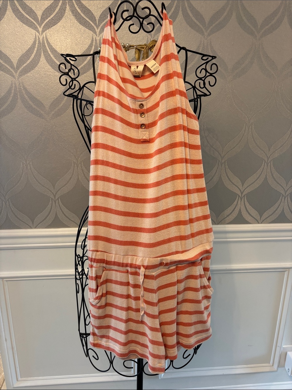 Girls' Striped Sleeveless Peach & Cream Romper